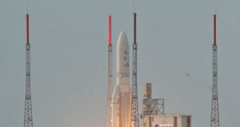 This image shows the third launch of an Ariane 5 rocket for 2011