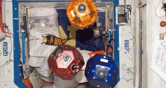 These are the three SPHERES on the ISS, seen here in the Destiny laboratory