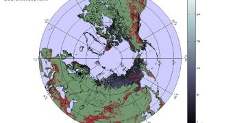 Example of a snow water equivalent map for 4 November 2010, generated by GlobSnow in near-real time for the northern hemisphere