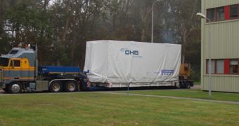 A truck carrying the first Small GEO STM arrives at ESTEC, on August 28, 2012