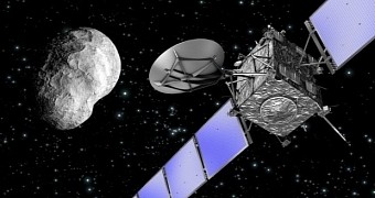 A representation of ESA's Rosetta probe and its target comet