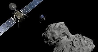 Artist's impression of the Rosetta spacecraft, the lander Philae and Comet 67P/C-G