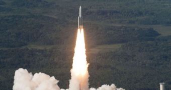 Image showing the Ariane 5 rocket carrying Hylas-1 and Intelsat 17 taking of from the ESA spaceport in South America