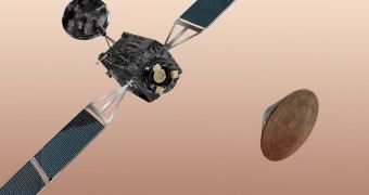 A rendering of the 2016 ExoMars lander Schiaparelli beginning its descent through the Martian atmosphere