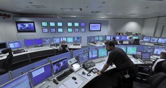 This is the ESA tracking station control room at the European Space Operations Center (ESOC). in Germany