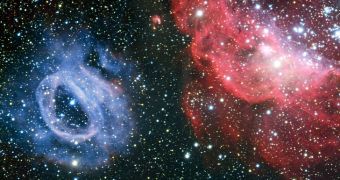 NGC2020 (blue) and NGC2014 (red) are areas of active star formation in the Large Magellanic Cloud