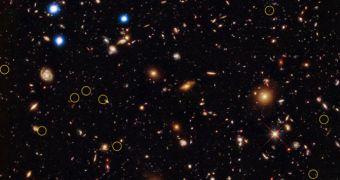This image shows a portion of the Chandra/Hubble Deep Field, with the most distant galaxies highlighted