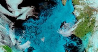 Fields of sea ice melt in northeastern Canada’s Hudson Bay in this false-color Aqua MODIS image acquired on July 5, 2003