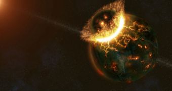 Artistic impression of the catastrophic collision between the early Earth and a protoplanetary body