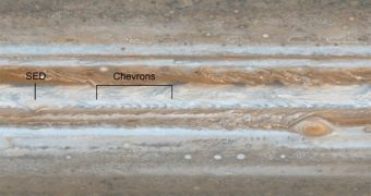 Following the path of one of Jupiter's jet streams, a line of v-shaped chevrons travels west to east just above Jupiter's Great Red Spot