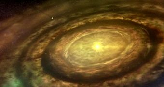 This rendition shows a protoplanetary disk around a new star