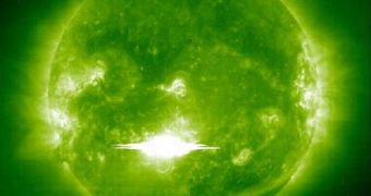 This 2003 image collected by SOHO shows the most powerful solar flare ever detected