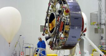 This is one of the CLUSTER satellites, seen here undergoing pre-launch preparations