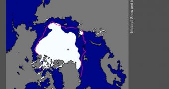 This year's Arctic sea ice extent, compared to the mean value recorded between 1981 and 2010