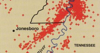Each cross marks an earthquake recorded in the New Madrid seismic zone since 1974