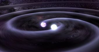 A rendition of a white dwarf binary system that produces gravitational waves