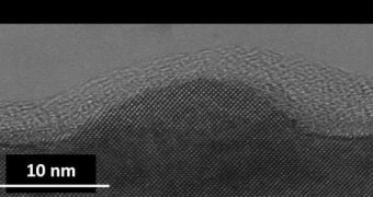 TEM picture of a quantum dot on a gallium arsenide layer. On top, there is a glue layer due to TEM preparation only