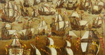 This painting depicts the battle between the Spanish Armada and the English Fleet