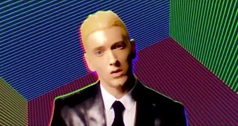 Eminem in the official video for “Rap God,” which secured him a spot in the Guinness Book of World Records