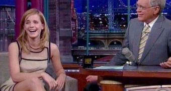 Emma Watson blushes and then laughs off minor wardrobe malfunction on David Letterman