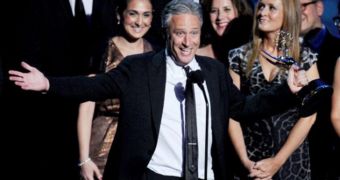 Jon Stewart accepts the award for Best Variety, Music or Comedy Series at the Emmys 2012