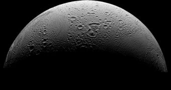 This Cassini image shows the impact-ridden surface of the Saturnine moon Enceladus