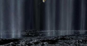 Cassini making a close pass above Enceladus' southern regions, which produce plumes of water and ice vapors