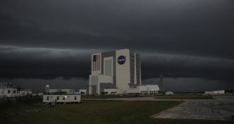 This is the KSC Vehicle Assembly Building (VAB), covered by massive thunderstorm clouds on March 31, 2011