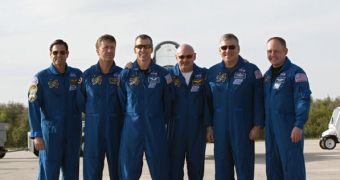 The six members of Endeavor's STS-134 mission arrive at the KSC on March 29, 2011