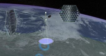 Rendition of a satellite-based solar power plant in Earth's orbit