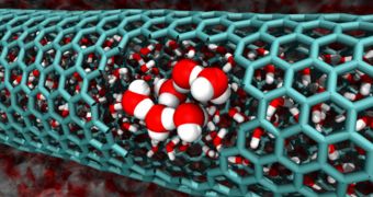 This image from the Caltech team’s simulations features a cutaway of a 2.0 nanometer-diameter carbon nanotube, revealing confined water molecules