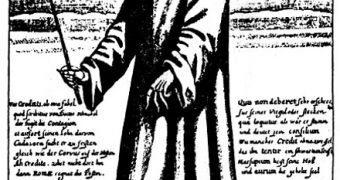 An old engraving, depicting a doctor wearing protective clothes, during the Bubonic Plague outbreak in Europe