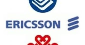 Ericsson's logo, togethger with the logos of China Mobile (blue) and China Unicom (red)