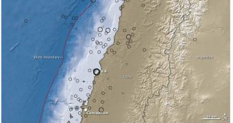 Black circles indicate earthquake locations, while the red line shows the boundary of the two tectonic plates
