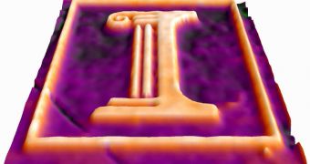 This is a false color three-dimensional image that represents the height profile of the University of Illinois logo etched onto the surface of a gallium-arsenide semiconductor substrate