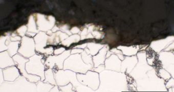 Micrograph of crack in X52 steel after the sample was subjected to mechanical forces for several days in an ethanol solution containing acid-producing bacteria, Acetobacter aceti