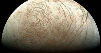 A photo of Jupiter's moon Europa, believed to have an ocean of liquid water under its surface crust