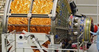 ATV5 undergoing integration procedures at the Kourou Spaceport