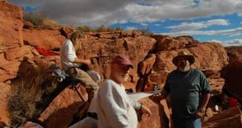 UCB Anthropology Professor Dennis Van Gerven (center), and Navajo Nation Archaeologist Ron Maldano (right), at the Utah site where the remains of Everett Ruess were discovered in 2008