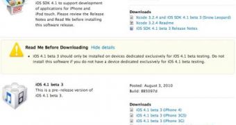 Screenshot from Apple's iPhone Dev Center showing the availability of new iOS 4.1 and SDK betas