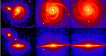 Three stages of the evolution of the galaxy simulation used to model the Milky Way