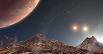 Rendering of the view seen from the surface of an exomoon orbiting a gas giant, which itself spins around a triple star system
