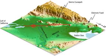 This 3D view of the surface rupture of the April 4, 2010, El Mayor-Cucapah earthquake (red line) reveals a new fault line connecting the Gulf of California with the Elsinore fault