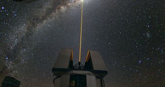 This image shows one of the four observatories at the ESO VLT facility, in Chile, using adaptive optics to study the Milky Way