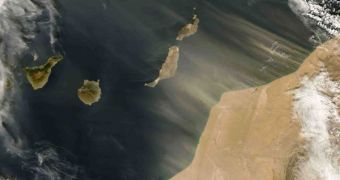 Satellite image showing dust being blown off from the Saharan Desert