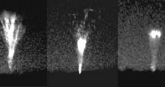 A series of still images from a captured video sequence of a gigantic jet observed near Duke University