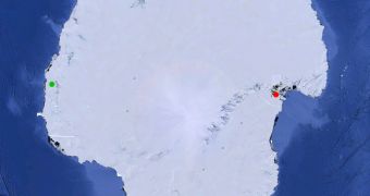 The start point - in green, and the end point - in red - of the expedition