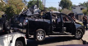 Police are investigating a pickup truck blowing up in North Hollywood