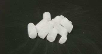 A photo of solid carbon dioxide, seen here as "dry ice"