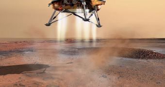 A rendering of the 2008 NASA Phoenix Mars Lander touching down on the Red Planet